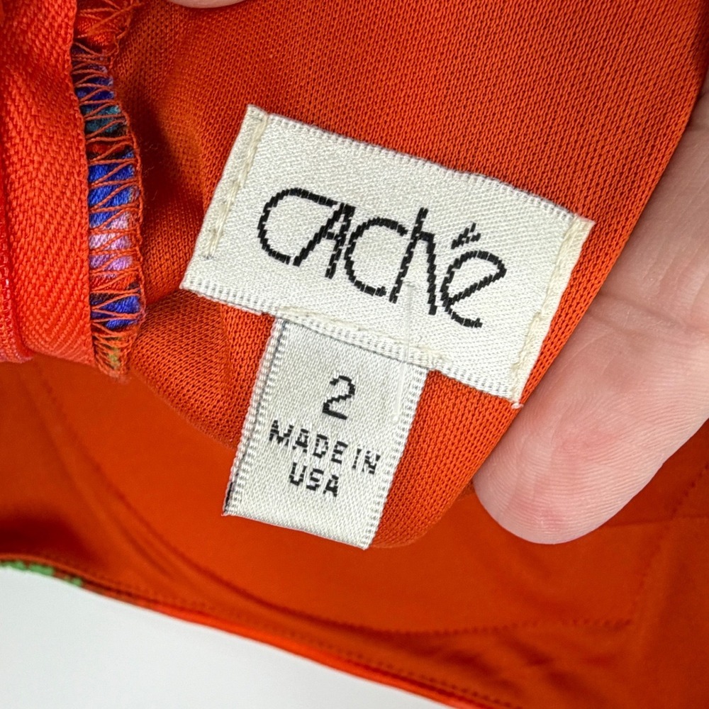 Vintage Cache Dress Size 2 Orange Abstract Floral Open Back Silk Blend Y2K Midi - Picture 4 of 6